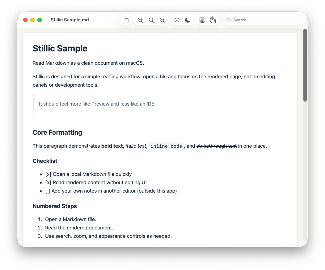 Stillic displaying a rendered Markdown document in a standard macOS window